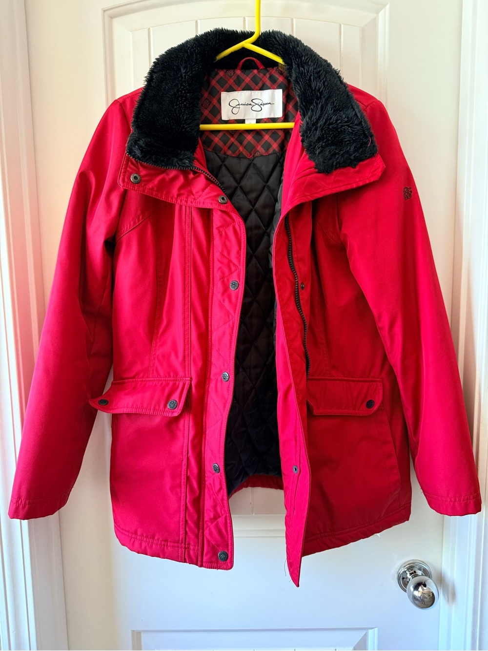 Jessica Simpson Red Puffer-Style Parka with Faux Fur Collar